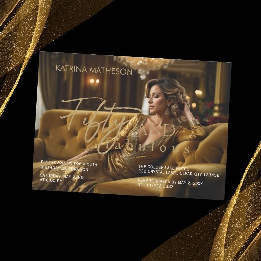 エレガント金ゴールド50と素晴らしい50誕生日 招待状