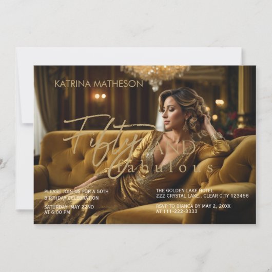 エレガント金ゴールド50と素晴らしい50誕生日 招待状 (正面)