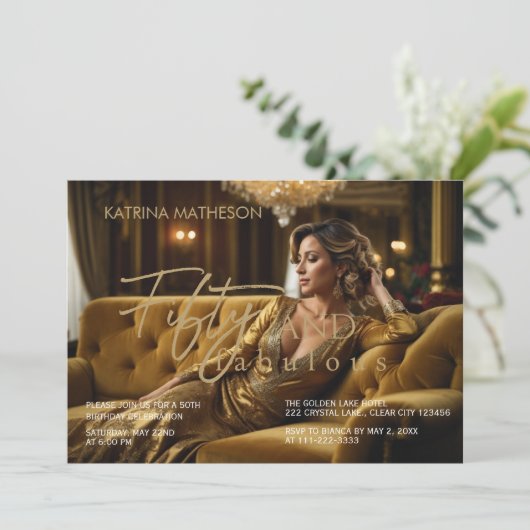 エレガント金ゴールド50と素晴らしい50誕生日 招待状 (スタンド正面)