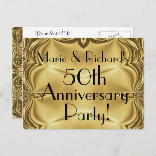 エレガント金ゴールド50周年記念招待状はがき インビテーションポストカード (正面/裏面)
