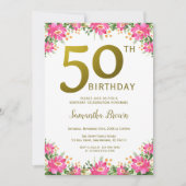 エレガント金ゴールド50誕生日ピンクフローラ 招待状 (正面)