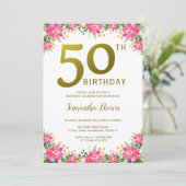 エレガント金ゴールド50誕生日ピンクフローラ 招待状 (スタンド正面)