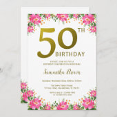 エレガント金ゴールド50誕生日ピンクフローラ 招待状 (正面/裏面)