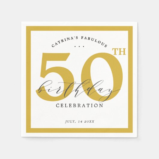 エレガント金ゴールド50thバースデーパーティー紙ナプキンス スタンダードカクテルナプキン (正面)