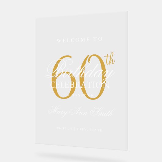 エレガント金ゴールド60th誕生日パーティーへようこそ アクリルサイン (傾斜)