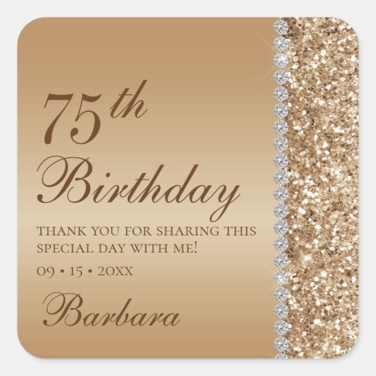 エレガント金ゴールド75th誕生日ありがとう スクエアシール (正面)