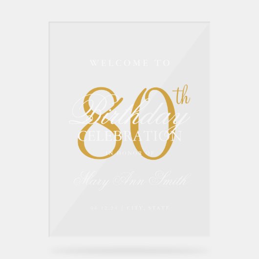 エレガント金ゴールド80th誕生日パーティーへようこそ アクリルサイン (正面)