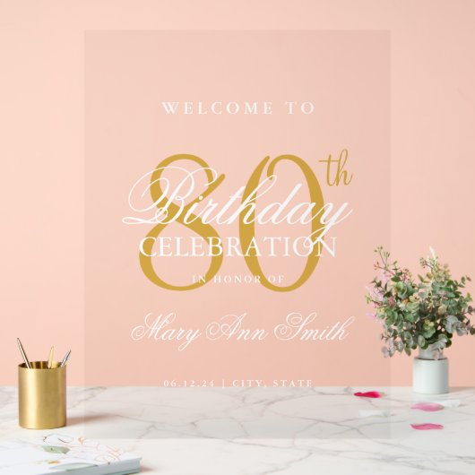 エレガント金ゴールド80th誕生日パーティーへようこそ アクリルサイン (ウェディング)