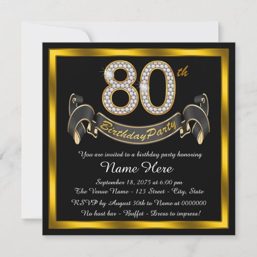 エレガント金ゴールド80th誕生日パーティー 招待状 (正面)