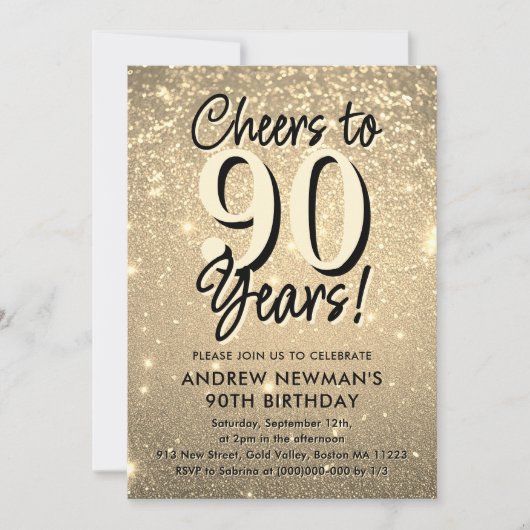 エレガント金ゴールド90番目の誕生日招待状 招待状 (正面)