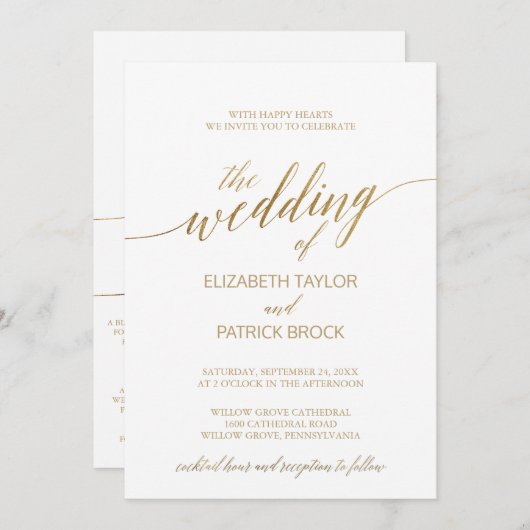 エレガント金ゴールド |カクテルアワーと詳細結婚ズ 招待状 (正面/裏面)