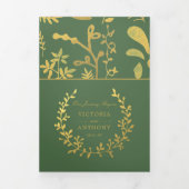 エレガント金ゴールド&グリーンフローラリース結婚ズスイート 三つ折り招待状 (カバー)
