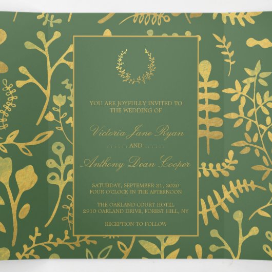エレガント金ゴールド&グリーンフローラリース結婚ズスイート 三つ折り招待状 (内部中)