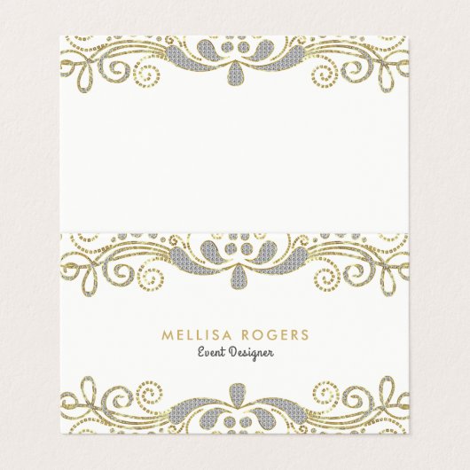 エレガント金ゴールド&シルバーフローラスワールレース 名刺 (外部フラット)