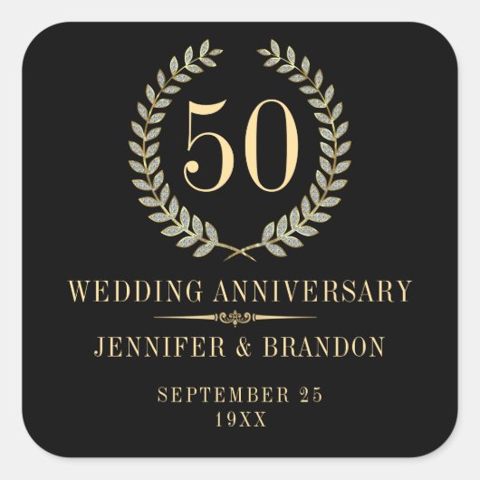 エレガント金ゴールド&シルバーローレルリースワインラベル スクエアシール (正面)