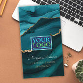 エレガント金ゴールド&ティール(緑がかった色)アゲート、QRコードロゴPro 名刺