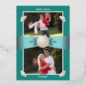 エレガント金ゴールド&ティール（緑がかった色）パールリボン写真結婚の 箔招待状 (裏面)