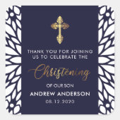 エレガント金ゴールド&ネイビーブルー《キリスト教》洗礼式や命名式ありがとう スクエアシール (正面)