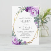 エレガント金ゴールド&パープルフローラユーカリ結婚ス 招待状 (スタンド正面)