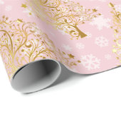 エレガント金ゴールド&ピンクのクリスマスツリーパターン ラッピングペーパー (ロールコーナー)