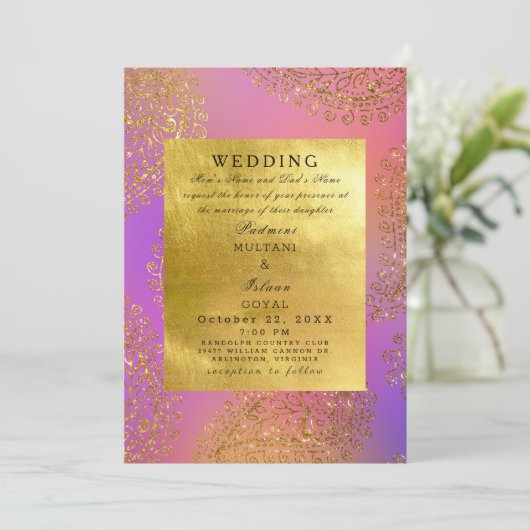 エレガント金ゴールド&ピンクインディアンスタイル結婚ズ 招待状 (スタンド正面)