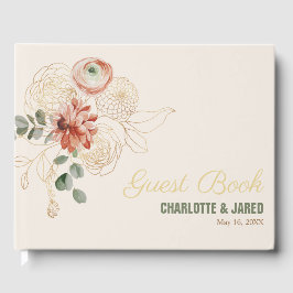 エレガント金ゴールド&ピンクウォーターカラーフローラゲストブック ゲストブック