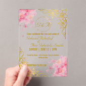 エレガント金ゴールド&ピンクフローラ結婚式招待状 アクリル招待状 (インサイチュ (ポータブル))