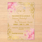 エレガント金ゴールド&ピンクフローラ結婚式招待状 アクリル招待状 (正面)