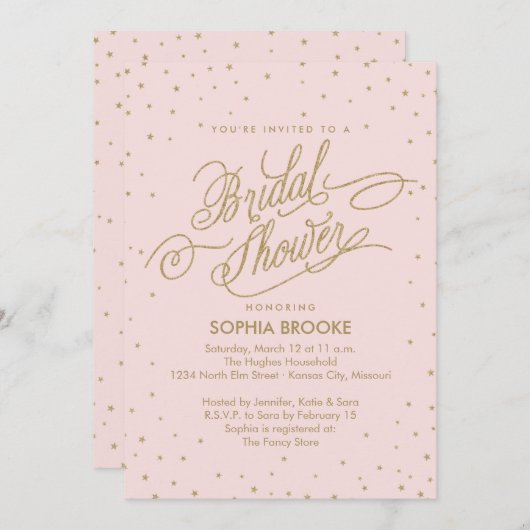 エレガント金ゴールド&ピンク紙吹雪スターブライダルシャワー 招待状 (正面/裏面)
