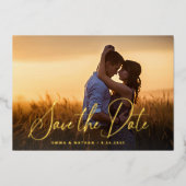 エレガント金ゴールド |フォトオーバーレイ日付を保存 箔招待状 (正面)