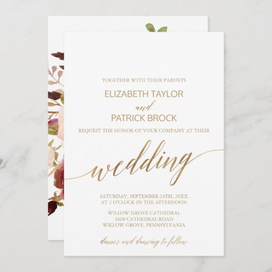 エレガント金ゴールド |フローラバッキング結婚ズ 招待状 (正面/裏面)