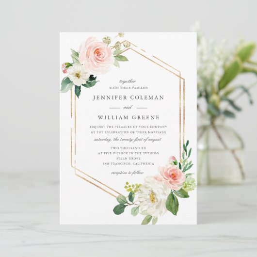 エレガント金ゴールド+フローラ水彩フレーム結婚の 招待状 (スタンド正面)