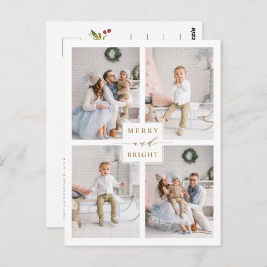 エレガント金ゴールド&ブメリーライト4フォトホリデー ポストカード (正面/裏面)