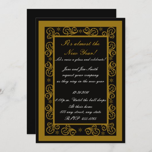 エレガント金ゴールド&ブラックスワール新年の招待状 招待状 (正面/裏面)