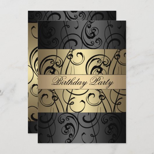 エレガント金ゴールド&ブラックスワール誕生日招待状 招待状 (正面/裏面)