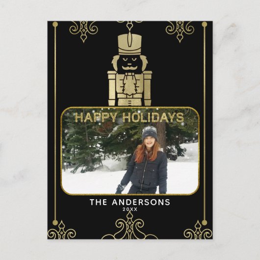 エレガント金ゴールド&ブラックナツクラッカーホリデーフォト シーズンポストカード (正面)