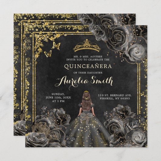 エレガント金ゴールド&ブラックバラプリンセスキンセアニラ 招待状 (正面/裏面)