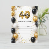 エレガント金ゴールド&ブラックバルーン40th誕生日インビタット 招待状 (スタンド正面)
