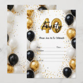 エレガント金ゴールド&ブラックバルーン40th誕生日インビタット 招待状 (正面/裏面)