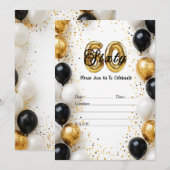 エレガント金ゴールド&ブラックバルーン60誕生日インビタット 招待状 (正面/裏面)