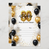 エレガント金ゴールド&ブラックバルーン80th誕生日招待状 招待状 (正面/裏面)