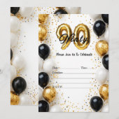 エレガント金ゴールド&ブラックバルーン90誕生日インビタット 招待状 (正面/裏面)