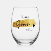 エレガント金ゴールド&ブラックモダンタイポグラフィチームグルーム ステムなしワイングラス (正面)