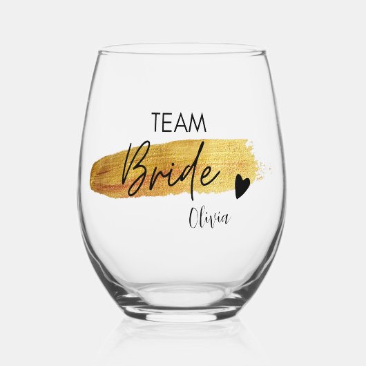 エレガント金ゴールド&ブラックモダンタイポグラフィチームブライド ステムなしワイングラス (正面)