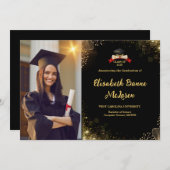 エレガント金ゴールド&ブラック卒業 招待状 (正面/裏面)