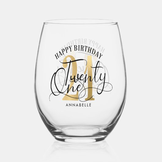 エレガント金ゴールド&ブラック21歳の誕生日 ステムなしワイングラス (正面)