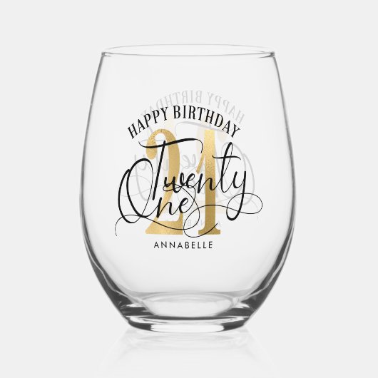 エレガント金ゴールド&ブラック21歳の誕生日 ステムなしワイングラス (裏面)