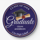 エレガント金ゴールド・ブラック&ネイビー卒業党サプライズ ペーパープレート (正面)