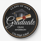 エレガント金ゴールド・ブラック&ネイビー卒業党サプライズ ペーパープレート (正面)