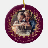 エレガント金ゴールド&ブルゴーニュ族ベーキング写真リース セラミックオーナメント (正面)